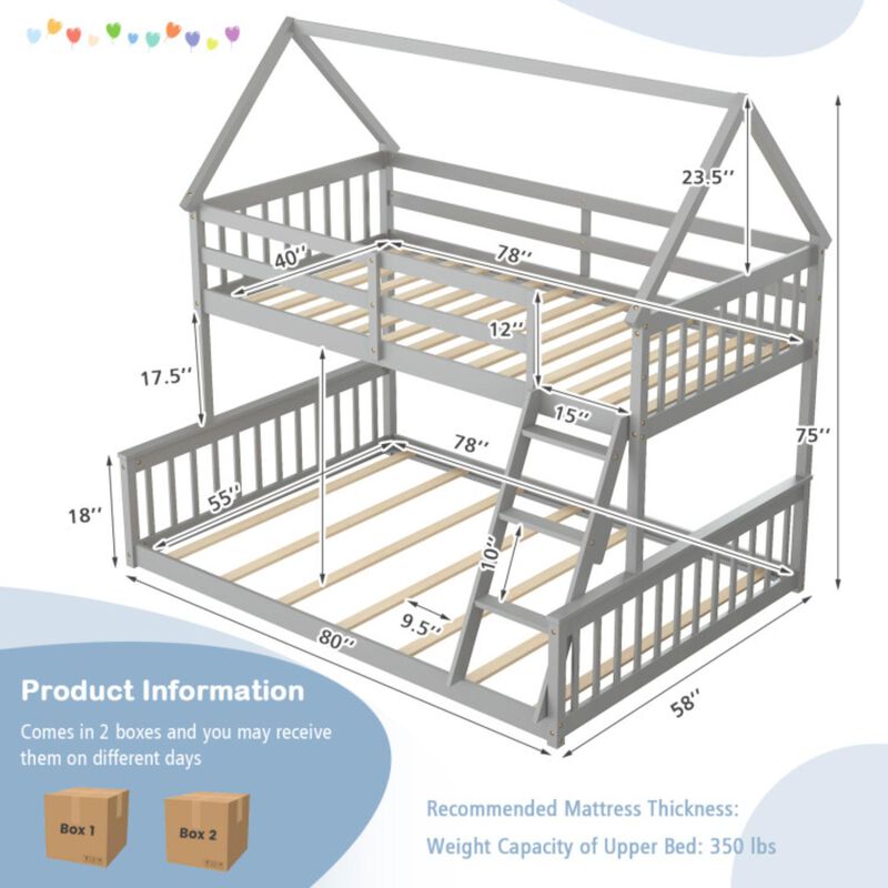 Hivvago Twin Over Full House Bunk Bed with Ladder and Guardrails