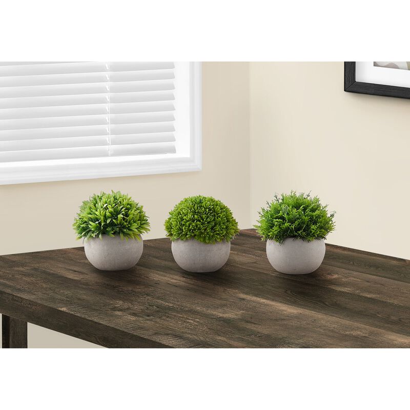 Monarch Specialties I 9589 -Artificial Plant, 5" Tall, Grass, Indoor, Faux, Fake, Table, Greenery, Potted, Set Of 3, Decorative, Green Plants, Grey Pots