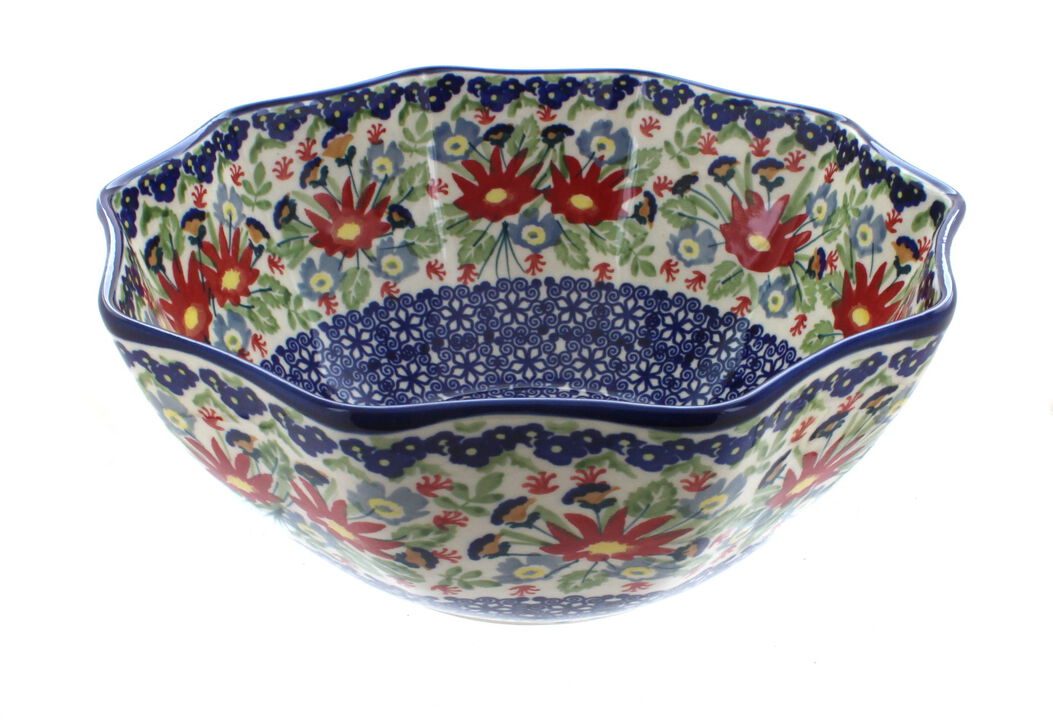 Blue Rose Polish Pottery Red Daisy Small Decagonal Serving Bowl