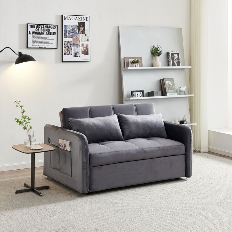 55.5" Twins PUll Out Sofa Bed Grey Velvet