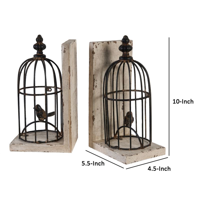 Ari Set of 2 Classic Bookends, Birdcage, Iron and Fir Wood, Black, Brown - Benzara