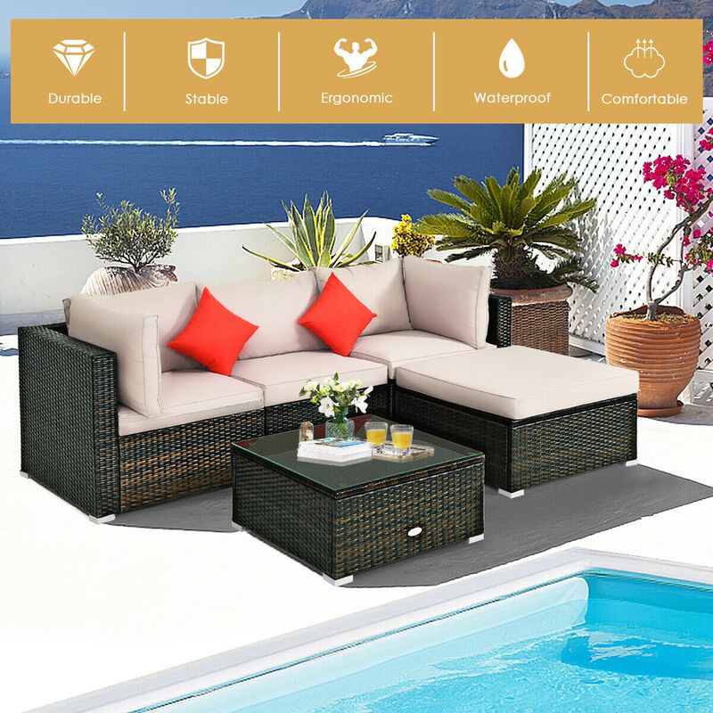 5 Pcs Outdoor Patio Rattan Furniture Set Sectional Conversation with Navy Cushions