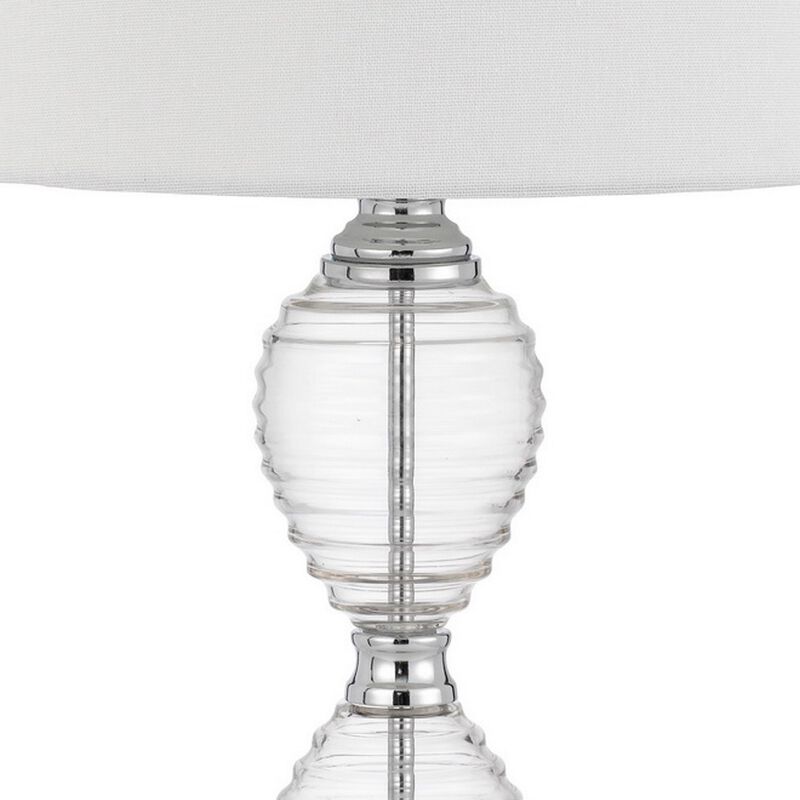 23 Inch Hourglass Ribbed Glass Base Table Lamp, Dimmer, Clear-Benzara