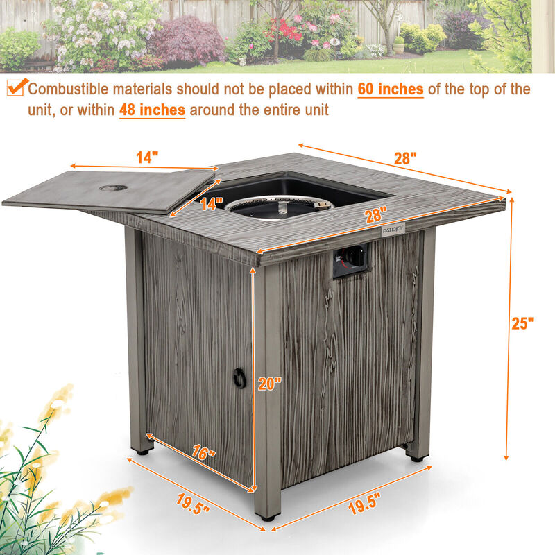 28 Inch 40 000 BTU Square Fire Pit Table with Lid and Lava Rocks-Grey