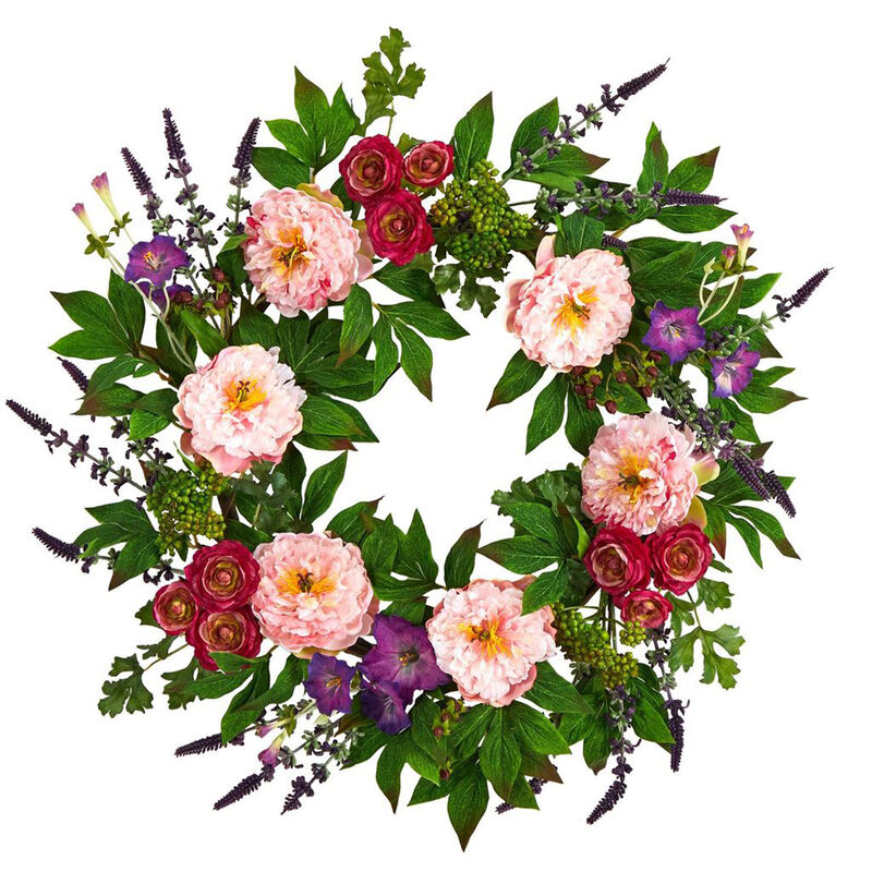 Nearly Natural 22-in Assorted Peony Artificial Wreath