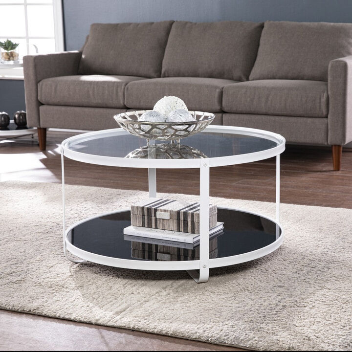 Homezia 32" White Glass And Metal Two Tier Round Coffee Table