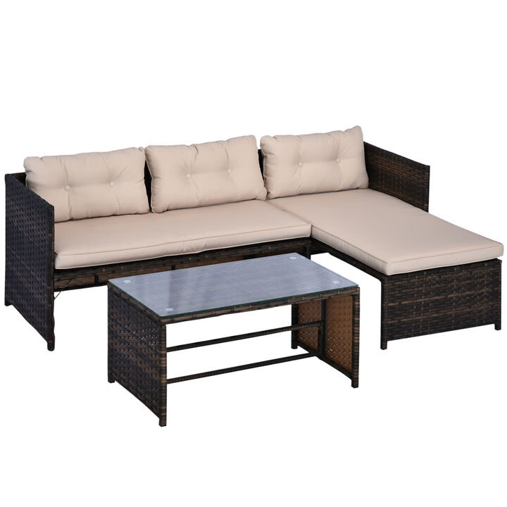 3PC Outdoor Wicker Furniture Set, Table, 3 Seats, Pillows, Cushions, Charcoal