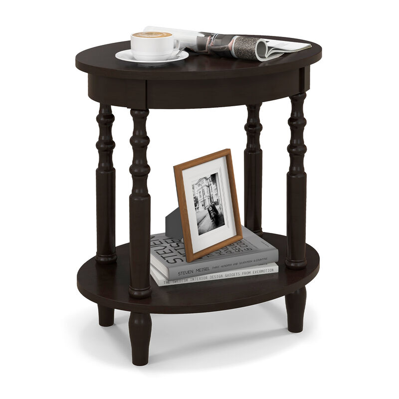 2-Tier Oval Side Table with Storage Shelf and Solid Wood Legs