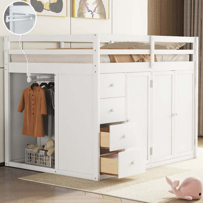 Merax Wood Loft Bed with Built-in Wardrobes
