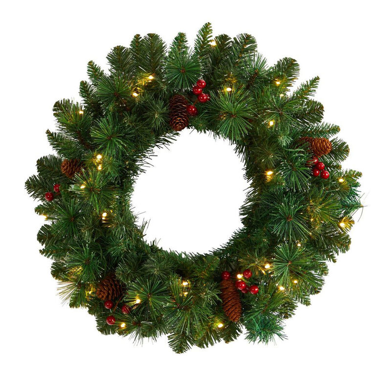 Nearly Natural 20-in Frosted Pine Artificial Christmas Wreath with Pinecones, Berries and 35 Warm White LED Lights