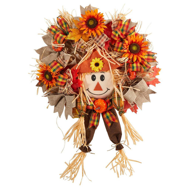 Nearly Natural 30-in Scarecrow Fall Artificial Autumn Wreath with Sunflower, Pumpkin and Decorative Bows