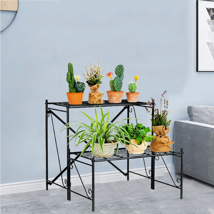 2-Tier Stair Style Metal Plant Stand for Indoor and Outdoor-Black