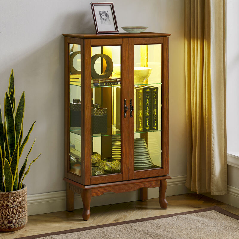 Curio Cabinet Lighted Curio Diapaly Cabinet with Adjustable Shelves and Mirrored Back Panel, Tempered Glass Doors (Oak, 3 Tier), (E26 light bulb not included)