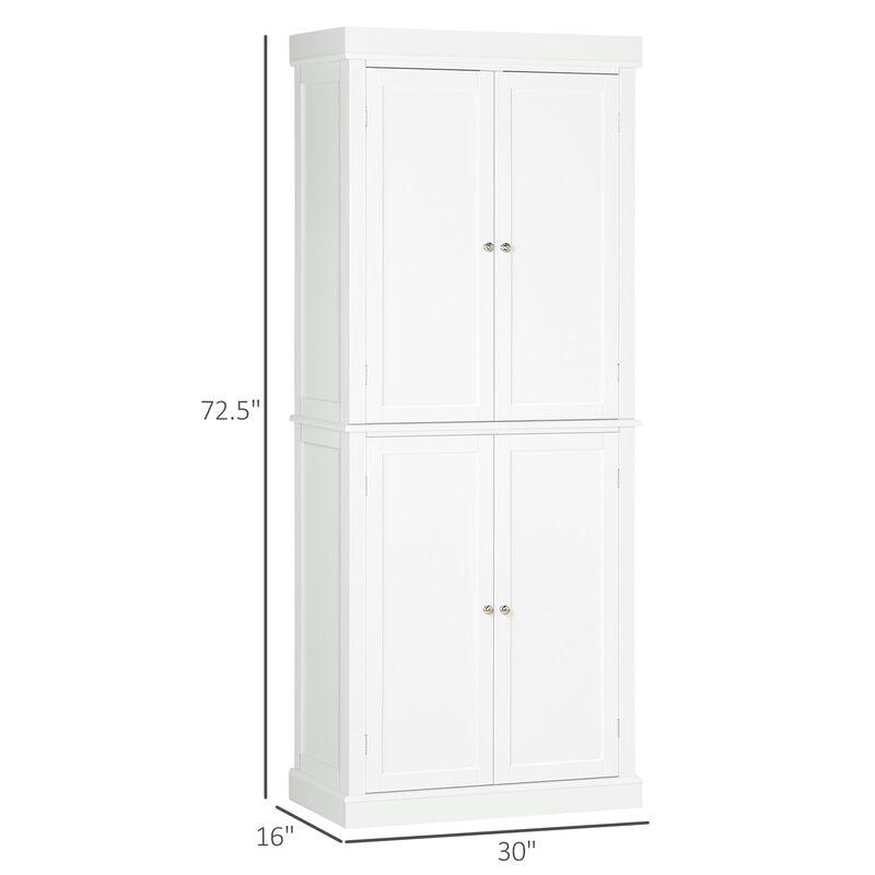 White Kitchen Cabinet: 72" Tall Pantry with 4 Doors & Shelves