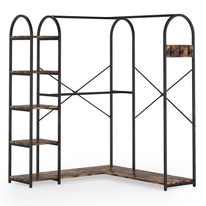 Hivvago Corner L Shaped Garment Rack with Clothing Hanging Rods and Storage Shelves
