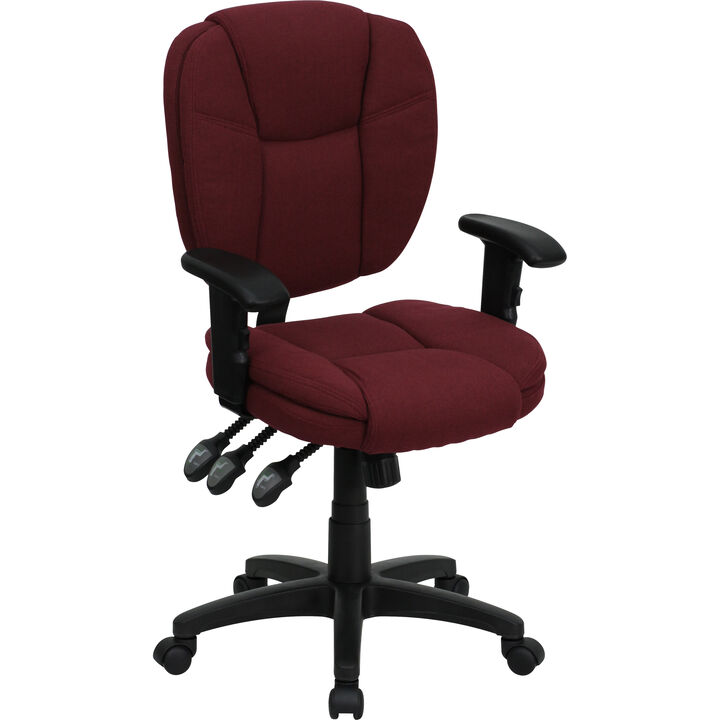 Caroline Mid-Back Burgundy Fabric Multifunction Swivel Ergonomic Task Office Chair with Pillow Top Cushioning and Arms