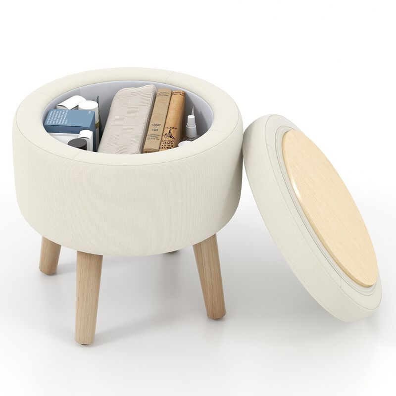 Round Storage Ottoman with Rubber Wood Legs and Adjustable Foot Pads