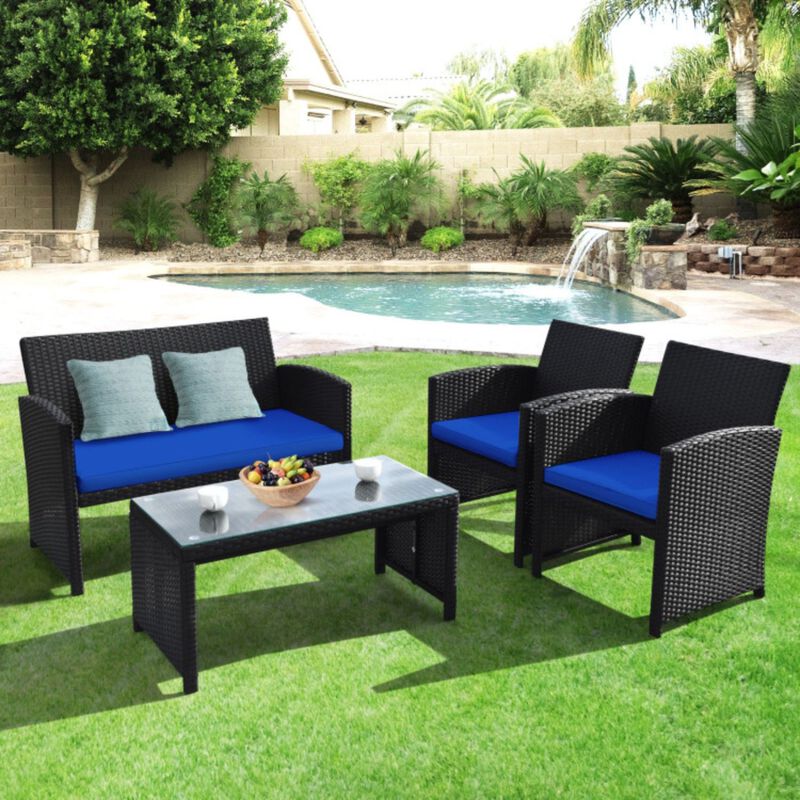 4 Pcs Wicker Conversation Furniture Set Patio Sofa and Table Set-White