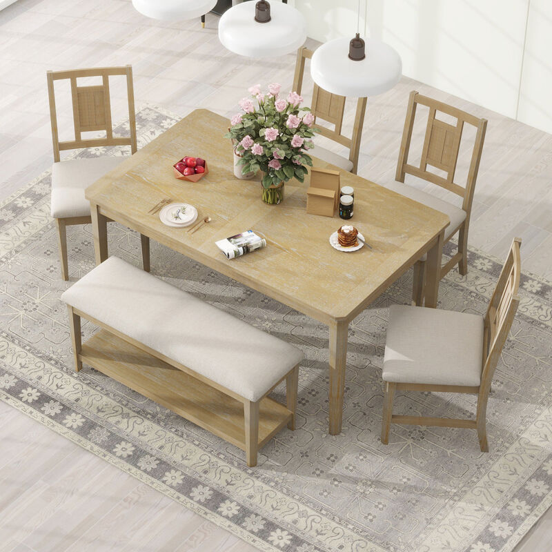 6piece Retro Dining Set, Minimalist Dining Table and 4 upholstered chairs 1 bench with a shelf for Dining Room(Natural Wood Wash)