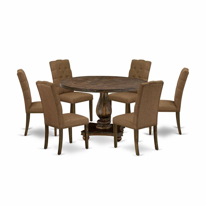 East West Furniture I2EL7-718 7Pc Dining Set - Round Table and 6 Parson Chairs - Distressed Jacobean Color