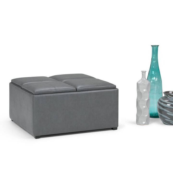 Simpli Home Avalon Square Coffee Table Storage Ottoman In Stone Grey Vegan Faux Leather
