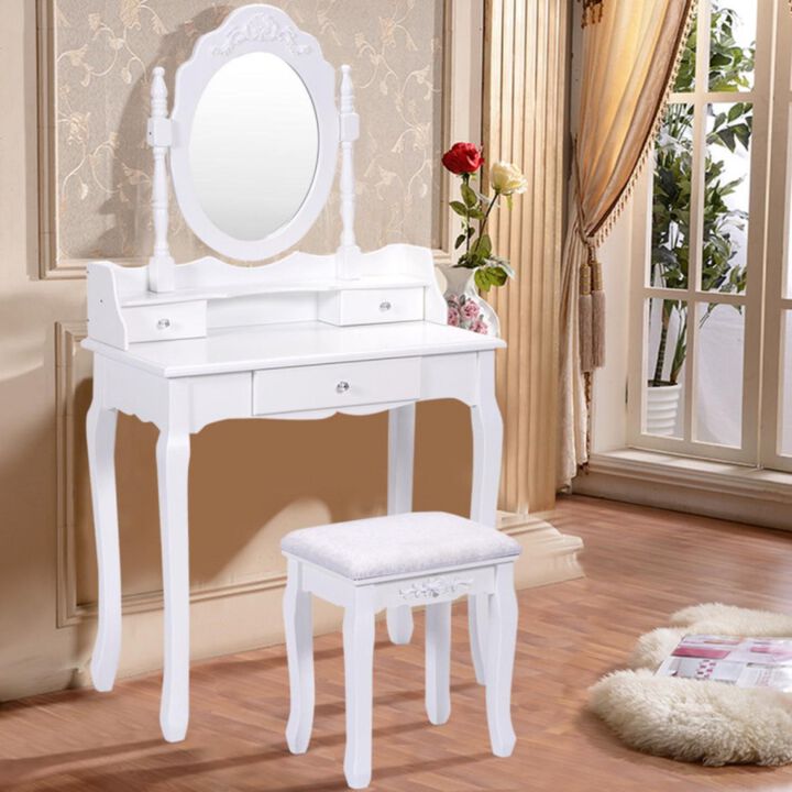 Hivvago Vanity Table Set with Cushioned Stool with 360Â° Rotating Oval Mirror and Three Drawers-White