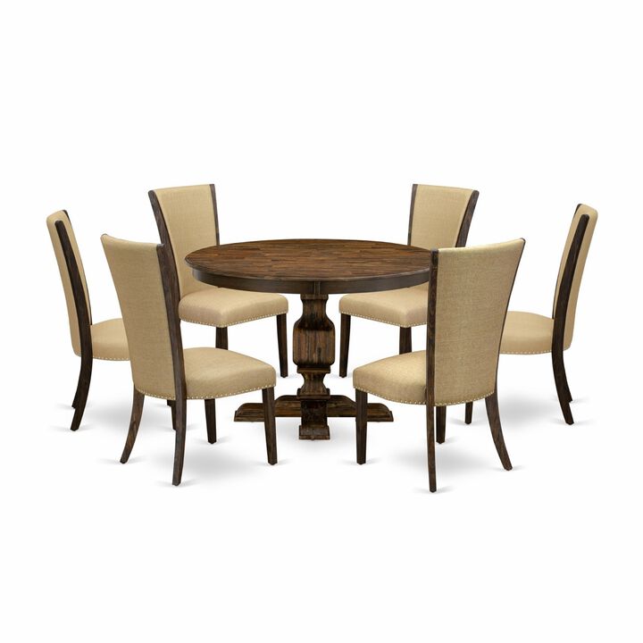 East West Furniture F3VE7-703 7Pc Dining Set - Round Table and 6 Parson Chairs - Distressed Jacobean Color