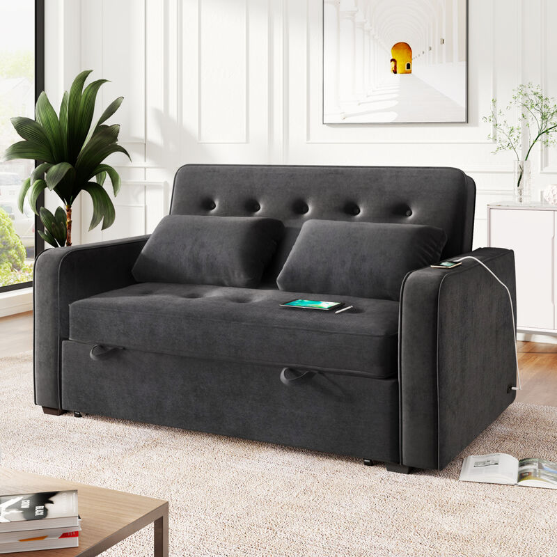 65.7" Velvet Upholstered Sleeper Bed, PUll Out Sofa Bed Couch attached two throw pillows, Dual USB Charging Port and Adjustable Backrest for Living Room Space, Black