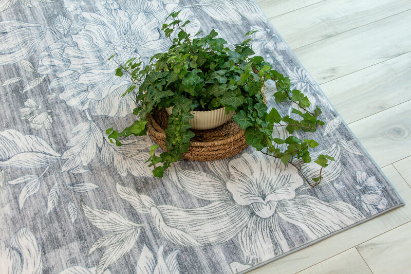 Blossom Modern Floral Beige Grey Indoor Soft Area Rug