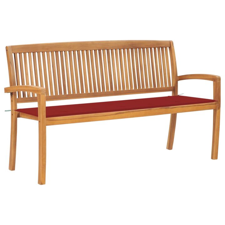 vidaXL Outdoor Stacking Patio Bench with Cushion - Solid Teak Wood - 62.6” - Weather Resistance - Easy Storage - Ideal for Garden, Terrace, Patio