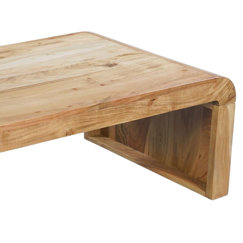 Cascade 36 Inch Coffee Table, Handcrafted Natural Acacia Wood, Rectangular Curved Waterfall Top