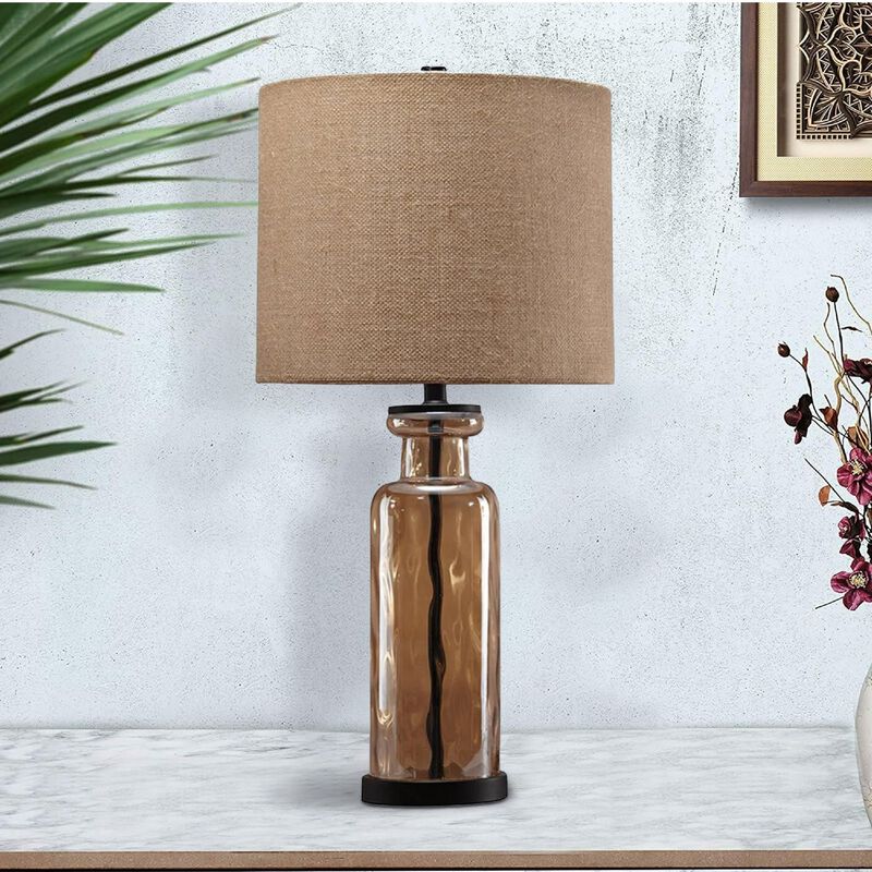 Glass Table Lamp with Fabric Drum Shade, Gold and Beige-Benzara