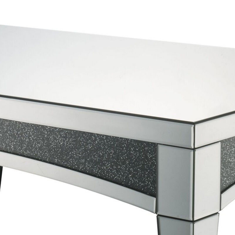 Coffee Table with Mirror Trim and Faux Stone Inlays, Silver-Benzara