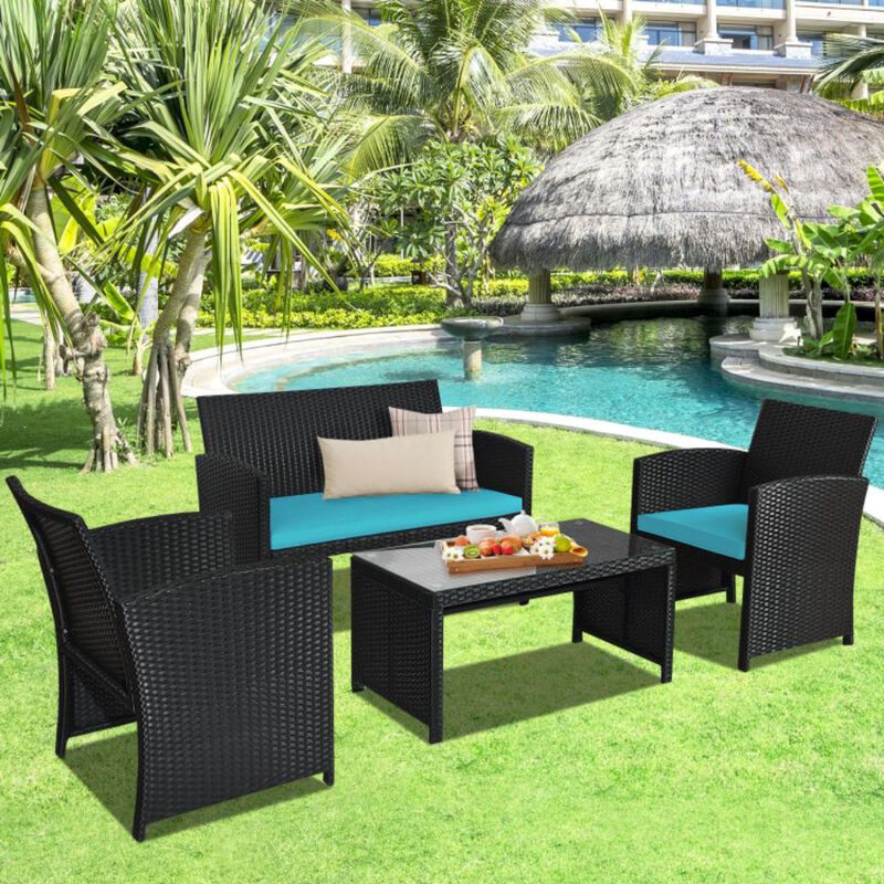 Hivvago 4 Pieces Rattan Patio Furniture Set with Weather Resistant Cushions and Tempered Glass Tabletop