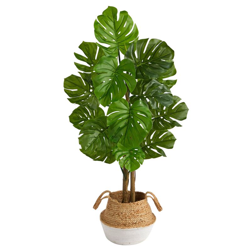 Nearly Natural 4.5-in Fiddle Leaf Fig Tree in White Cotton & Jute Planter