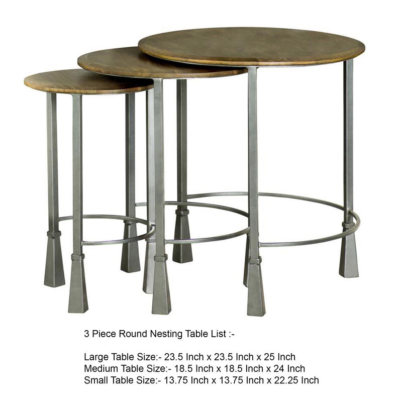 3 Piece Round Nesting End Table Set, Sleek Gray Iron Legs, Mango Brown Wood - Benzara