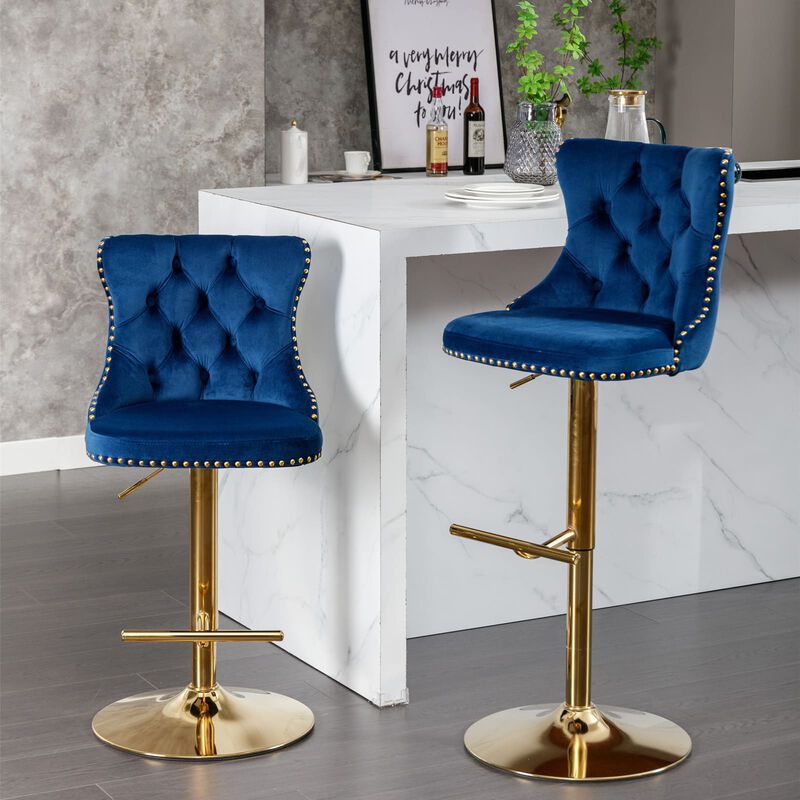Hivvago Set of 2 Modern Upholstered Tufted Velvet Armless Bar Stools with Gold Details
