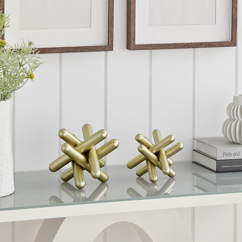 Small and Medium Abstract Gold Finish Textured Metal Geometric Sculptures - Set of 2