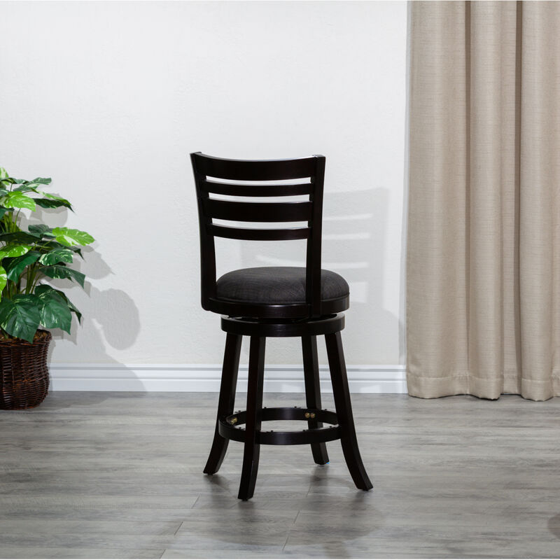 24" Counter Height Slat Back Swivel Stool, Espresso Finish, Charcoal Fabric Seat