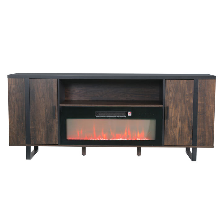 72" Modern Brown TV Stand with 36" Insert Electric Fireplace Heater,  Entertainment Center with Storage Cabinet for TV up to 75"