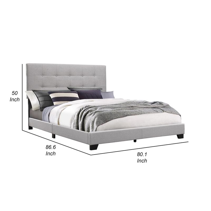 Lawrence King Size Bed, Wood Frame, Light Gray Button Tufted Upholstery - Benzara