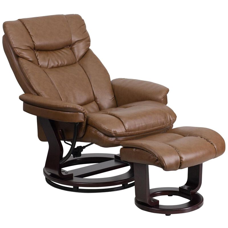 Flash Furniture Allie Contemporary Multi-Position Recliner and Curved Ottoman with Swivel Mahogany Wood Base in Palimino LeatherSoft, 44.5"D x 33"W x 41.25"H