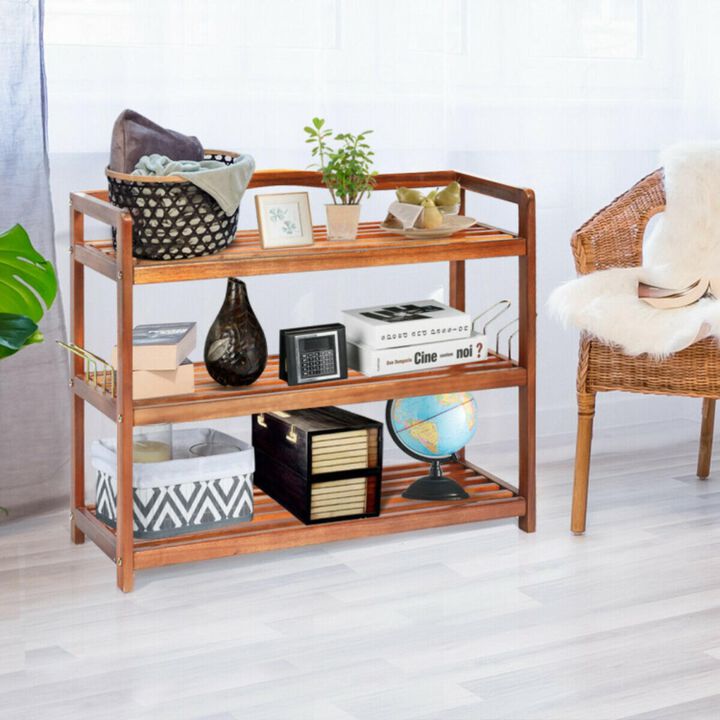 Hivvago 3-Tier Acacia Wood Shoe Rack with Side Metal Hooks