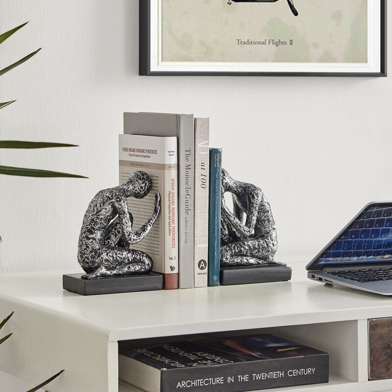 Danya B. Kneeling Figure Sculptures Polyresin Silver and Black Finish Bookend Set of 2