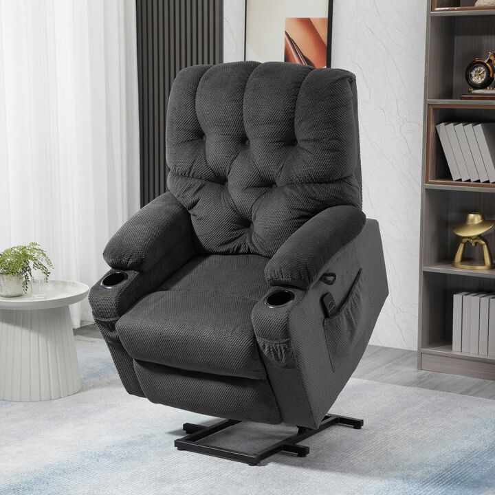 Power Lift Chair, Fabric Tufted Recliner Sofa Chair with Cup Holders, Remote Control, and Side Pockets, Dark Grey