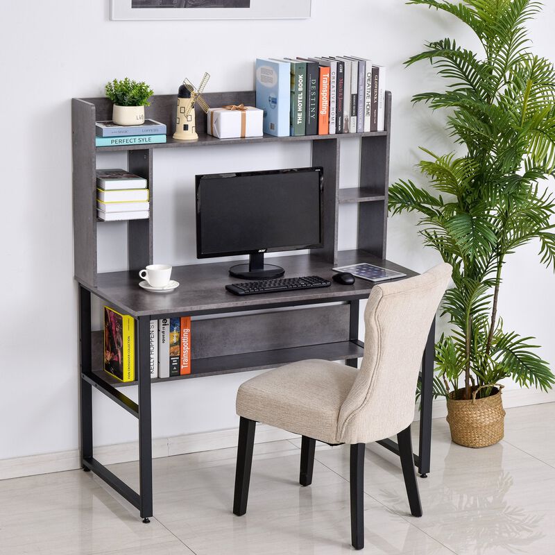 Grey Wood Grain Computer Desk: Writing Table with Hutches Storage Shelves Home Office Workstation