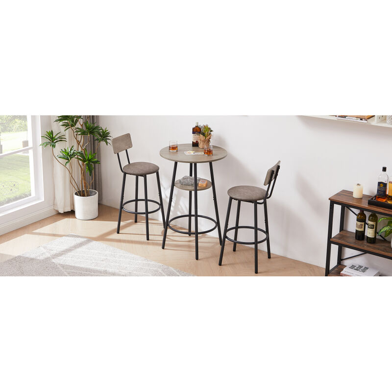 Round Barstool Set With Shelf, Upholstered Stool With Backrest, 23.62" W X 23.62" D X 35.43"