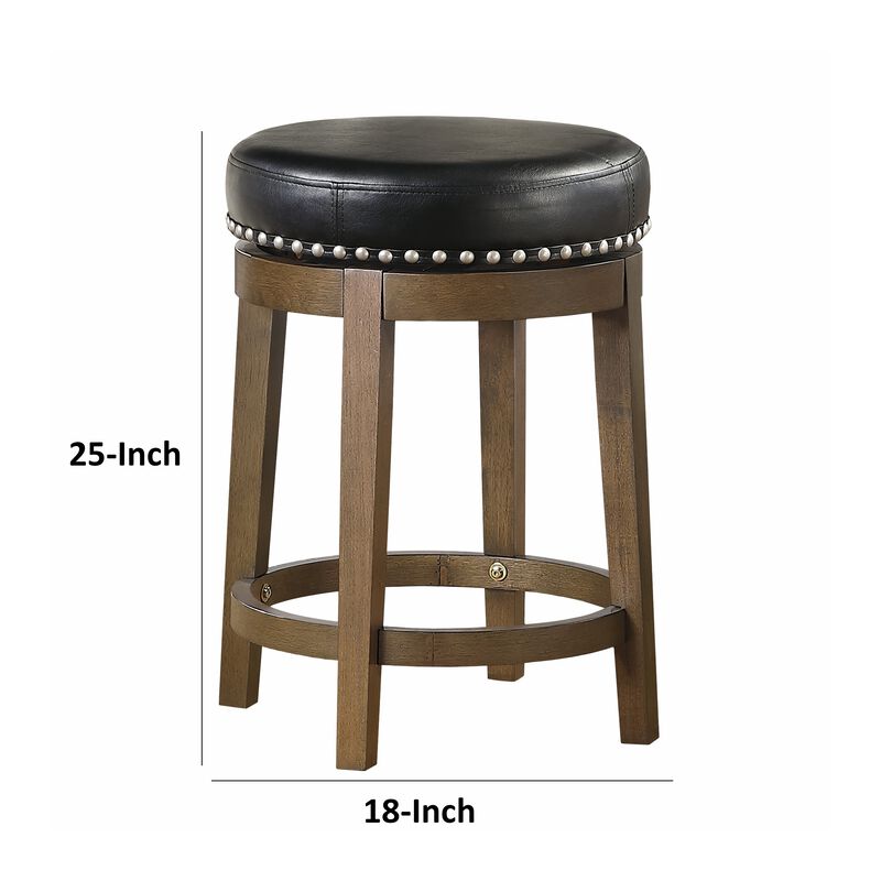 Bara 25 Inch Swivel Counter Stool, Black Round Faux Leather, Brown, Set of 2 - Benzara