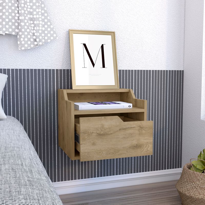 Busan Modern Floating Nightstand, Single-Drawer Design with Sleek Two-Tiered Top Shelf Surfaces- White
