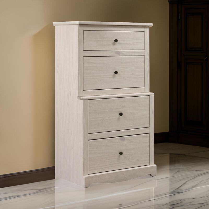 Stav Tall Dresser Chest with 4 Drawers, Plank Style, White Solid Wood